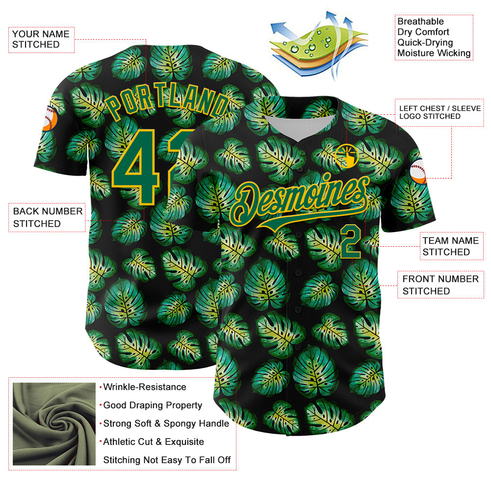 Custom Black Kelly Green-Gold 3D Pattern Design Tropical Monstera Authentic Baseball Jersey view 3