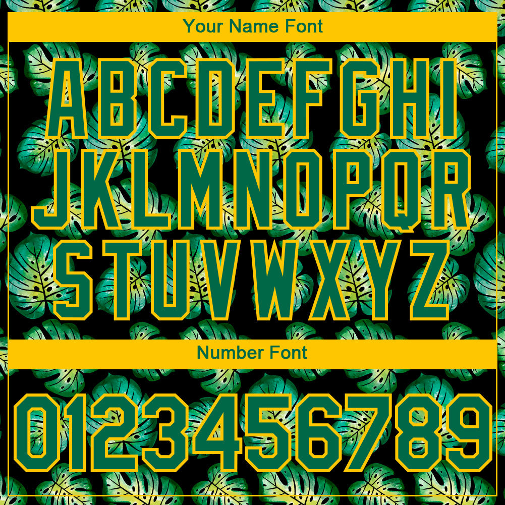 Custom Black Kelly Green-Gold 3D Pattern Design Tropical Monstera Authentic Baseball Jersey view 5