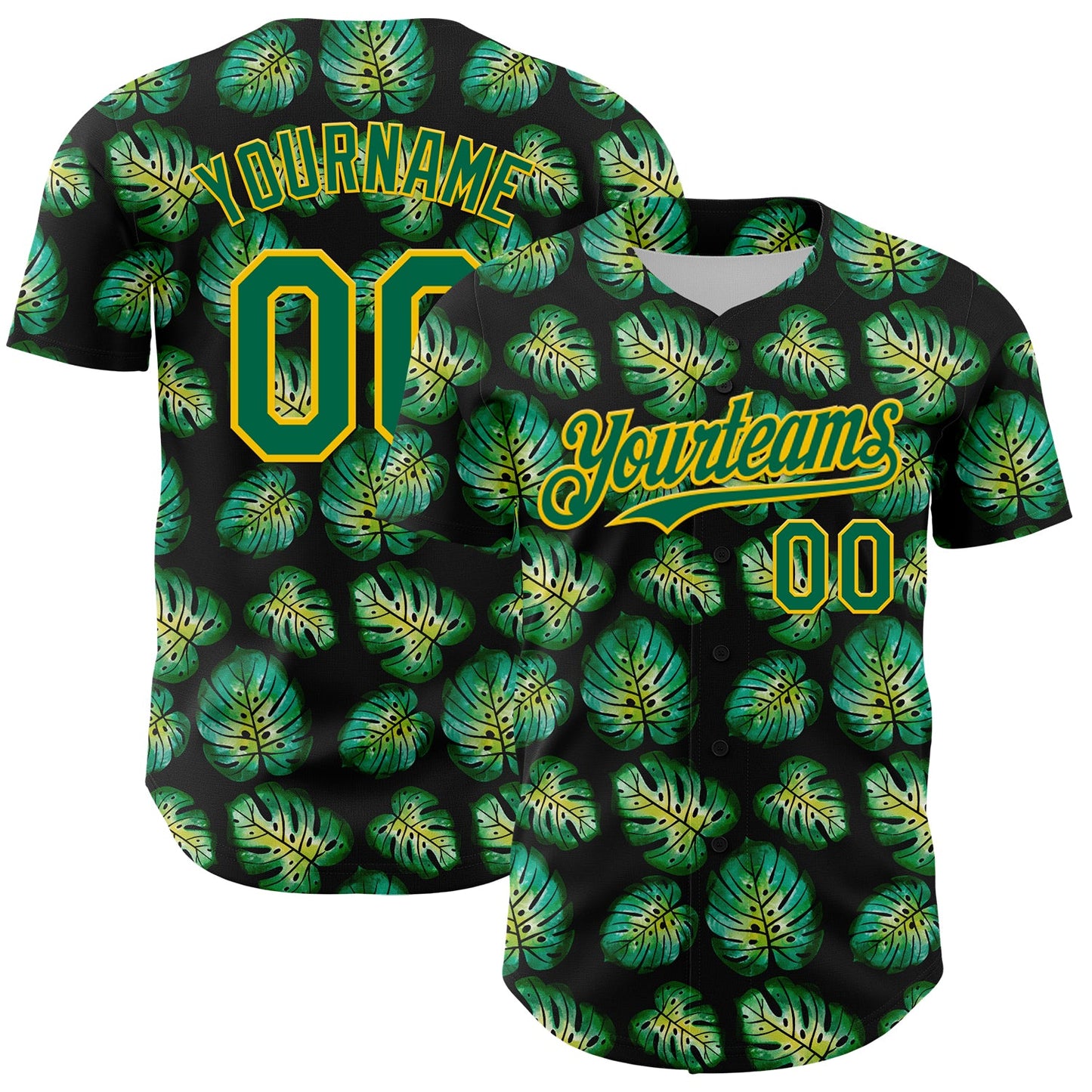 Custom Black Kelly Green-Gold 3D Pattern Design Tropical Monstera Authentic Baseball Jersey - Main View