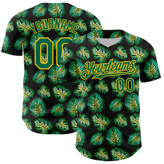 Custom Black Kelly Green-Gold 3D Pattern Design Tropical Monstera Authentic Baseball Jersey - Main View