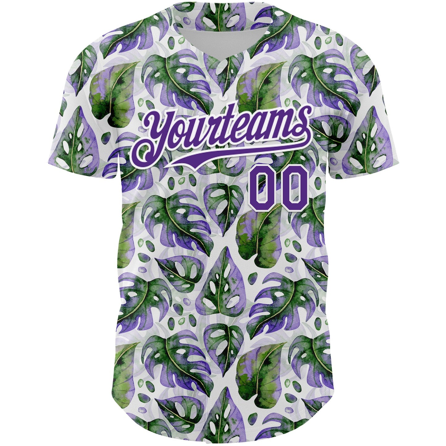 Custom White Purple 3D Pattern Design Tropical Monstera Authentic Baseball Jersey view 2