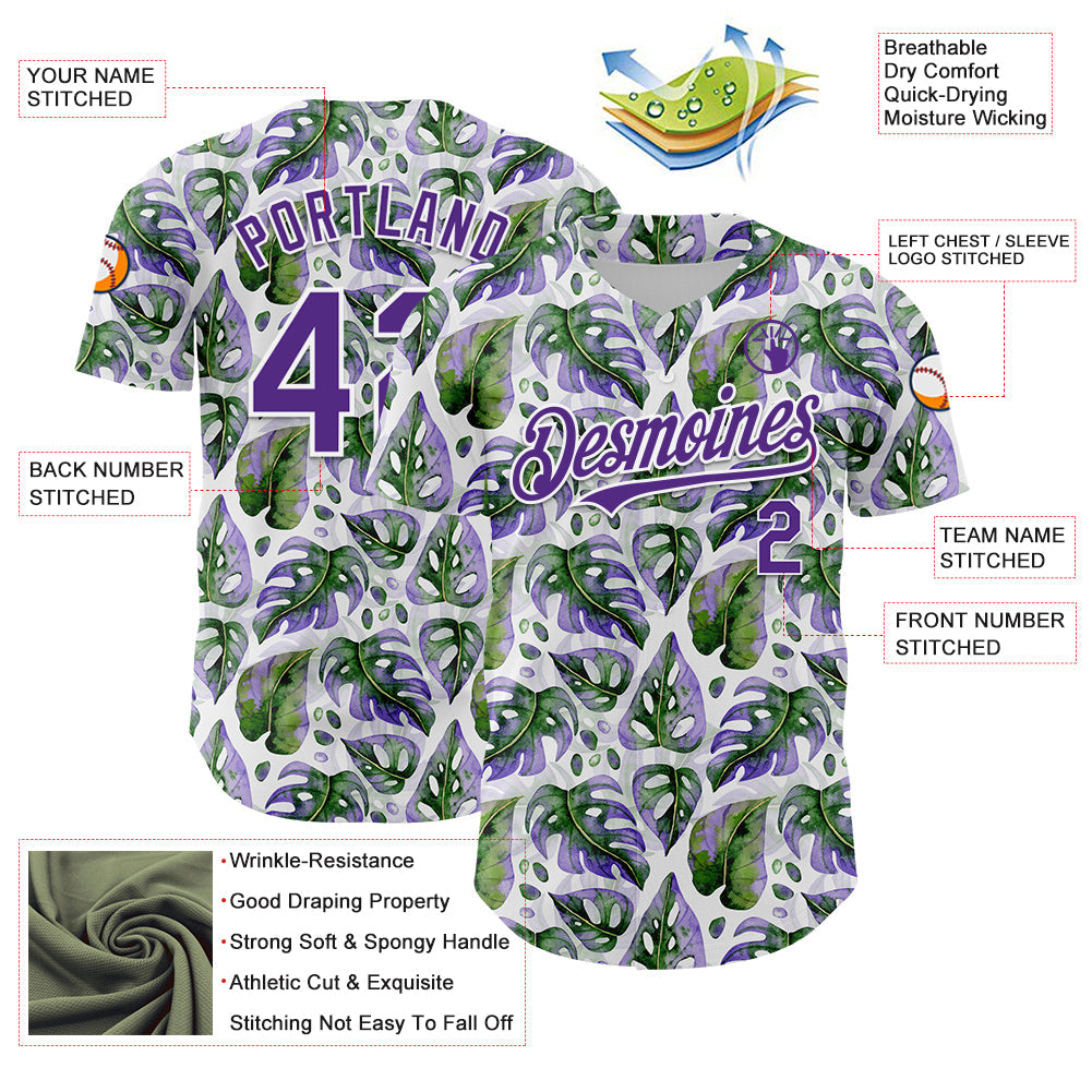 Custom White Purple 3D Pattern Design Tropical Monstera Authentic Baseball Jersey view 3