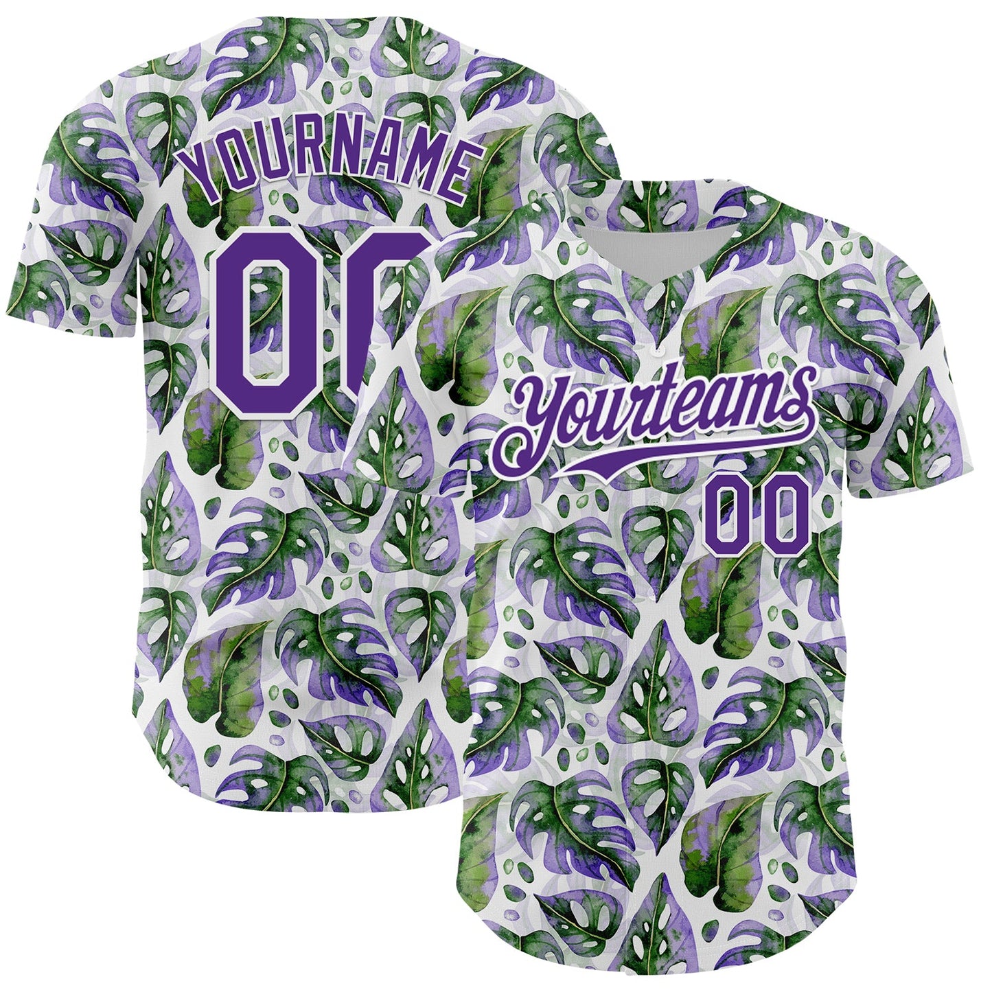 Custom White Purple 3D Pattern Design Tropical Monstera Authentic Baseball Jersey - Main View