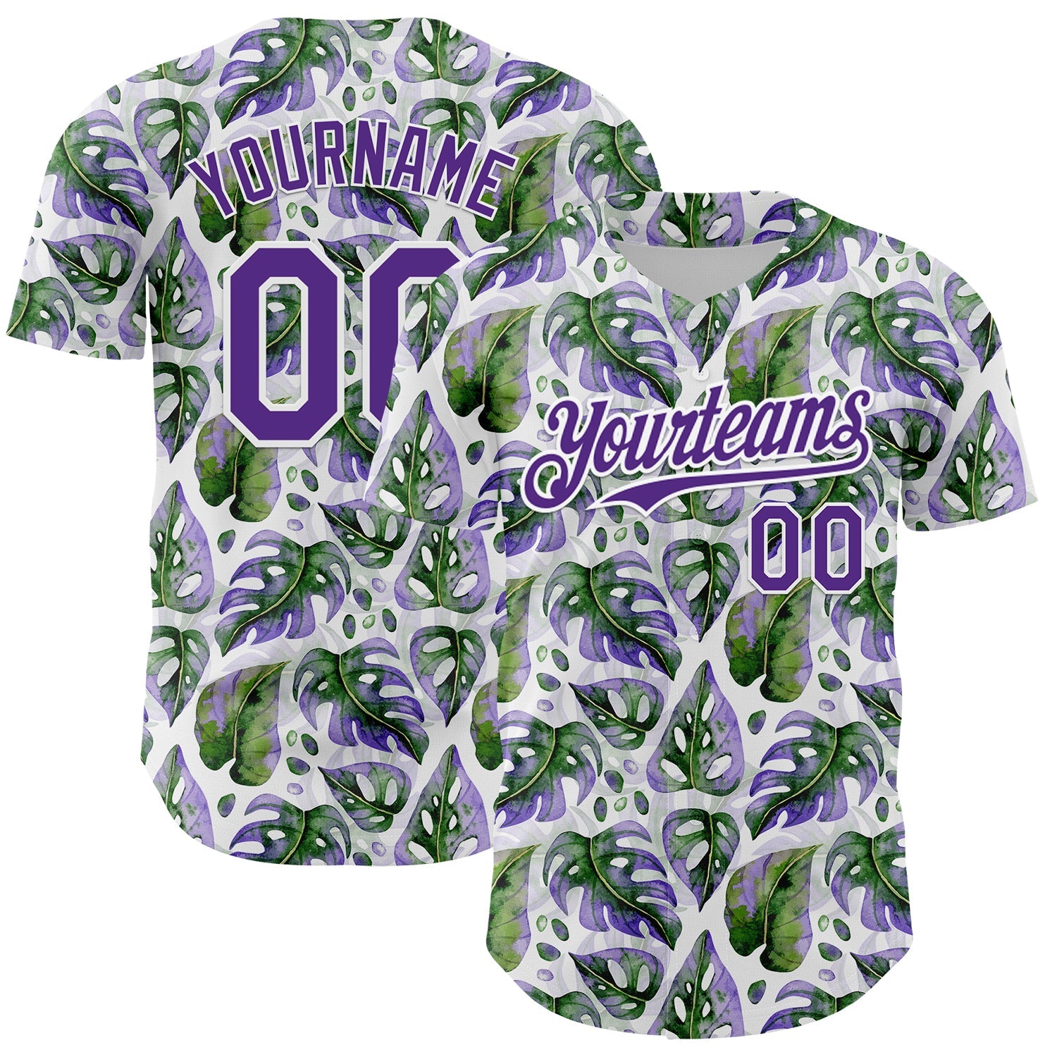 Custom White Purple 3D Pattern Design Tropical Monstera Authentic Baseball Jersey - Main View