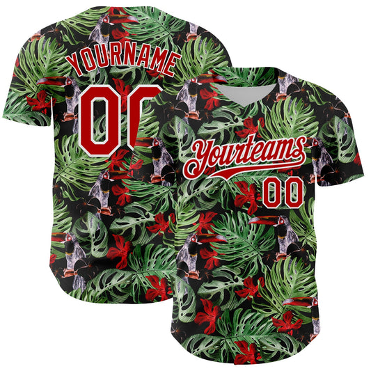 Custom Black Red-White 3D Pattern Design Tropical Plant And Bird Authentic Baseball Jersey - Main View