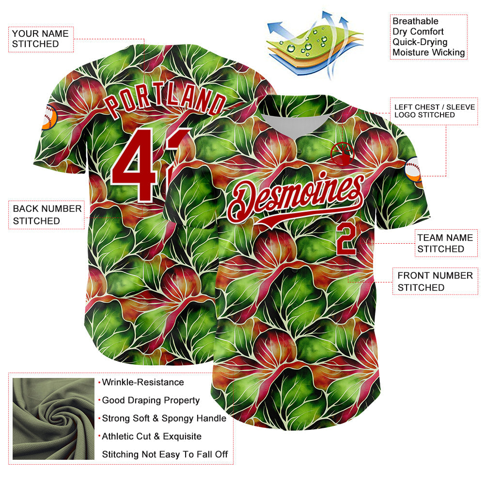 Custom Black Red-White 3D Pattern Design Tropical Plant Authentic Baseball Jersey view 3