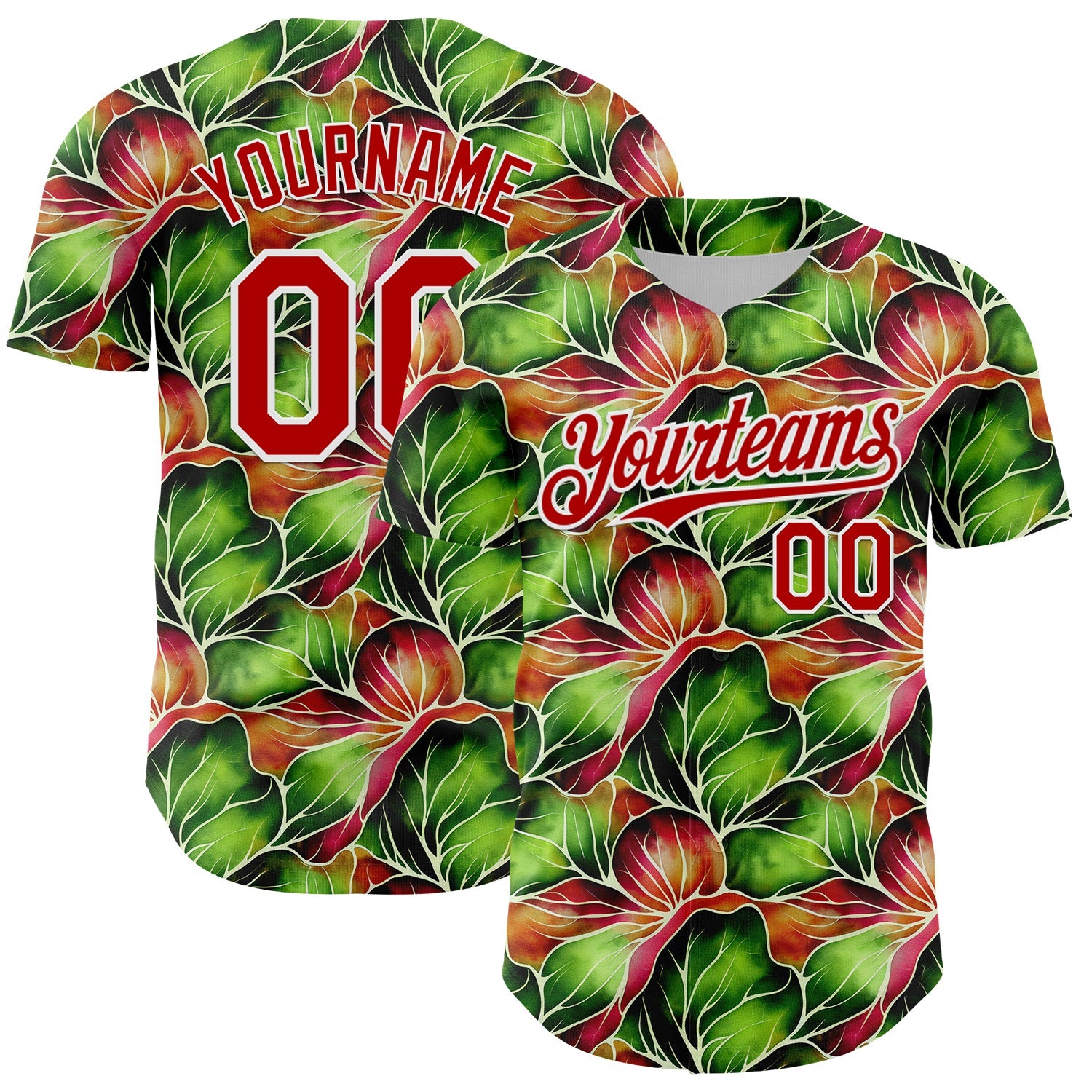 Custom Black Red-White 3D Pattern Design Tropical Plant Authentic Baseball Jersey - Main View