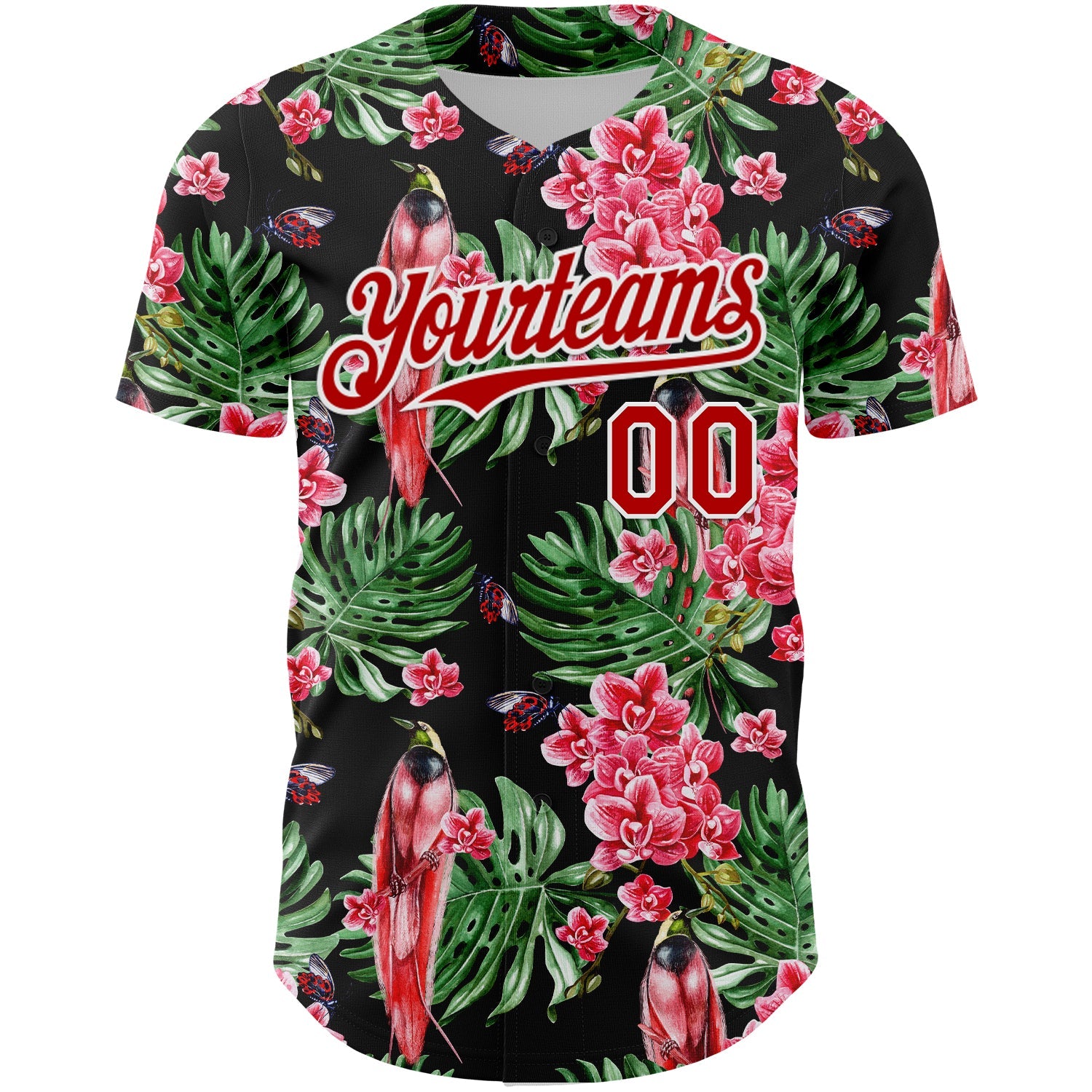 Custom Black Red-White 3D Pattern Design Tropical Plant And Bird Authentic Baseball Jersey view 2