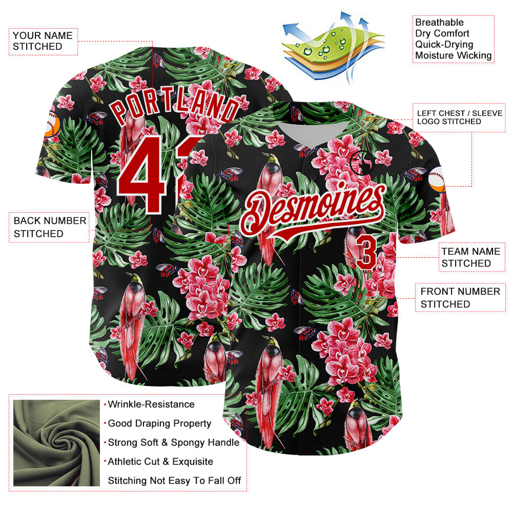 Custom Black Red-White 3D Pattern Design Tropical Plant And Bird Authentic Baseball Jersey view 3
