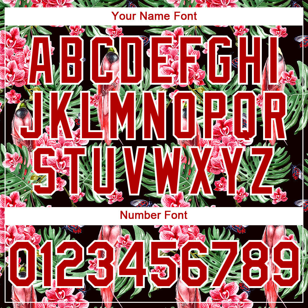Custom Black Red-White 3D Pattern Design Tropical Plant And Bird Authentic Baseball Jersey view 5
