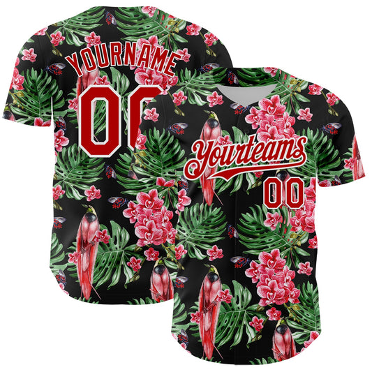 Custom Black Red-White 3D Pattern Design Tropical Plant And Bird Authentic Baseball Jersey - Main View
