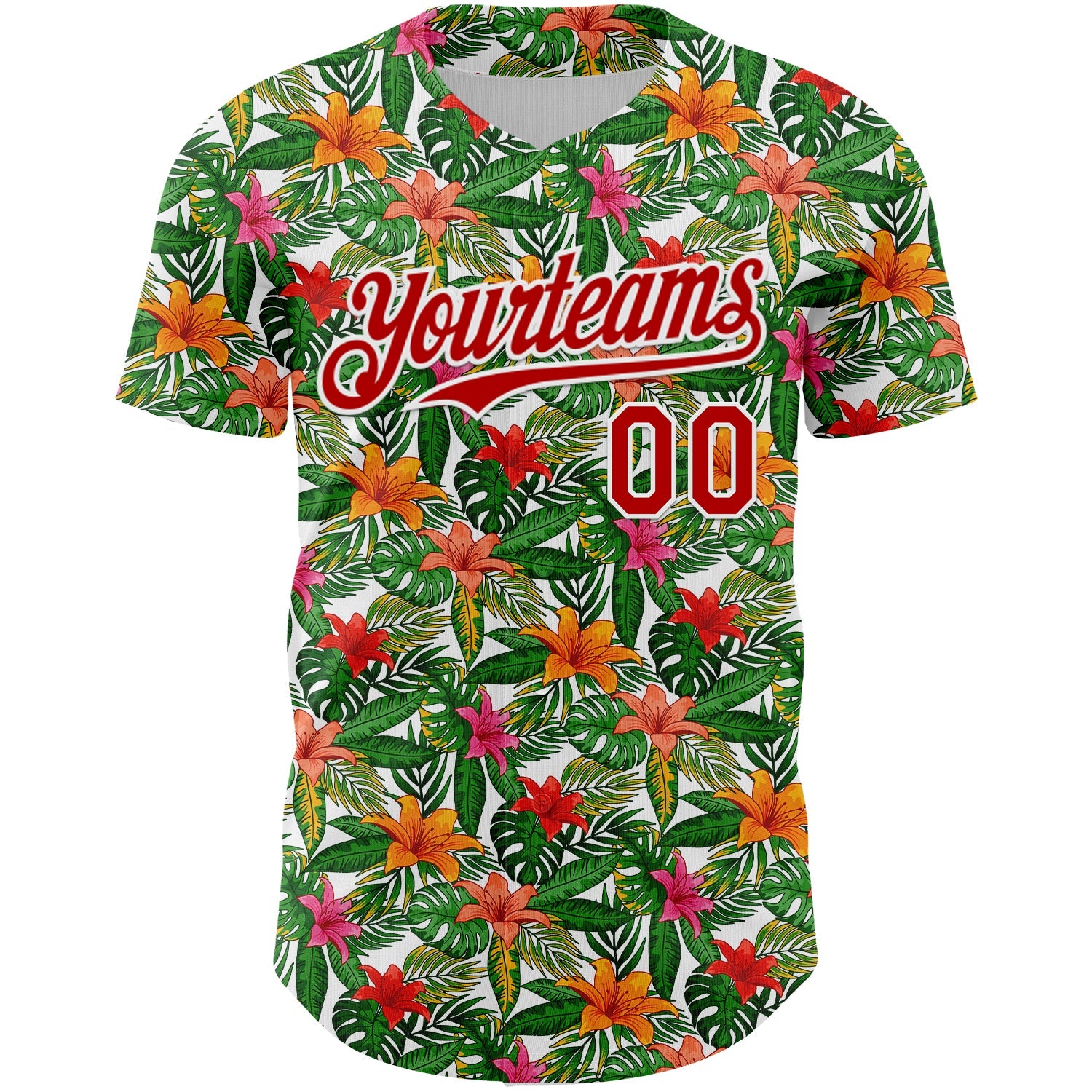 Custom White Red 3D Pattern Design Tropical Flower Authentic Baseball Jersey view 2