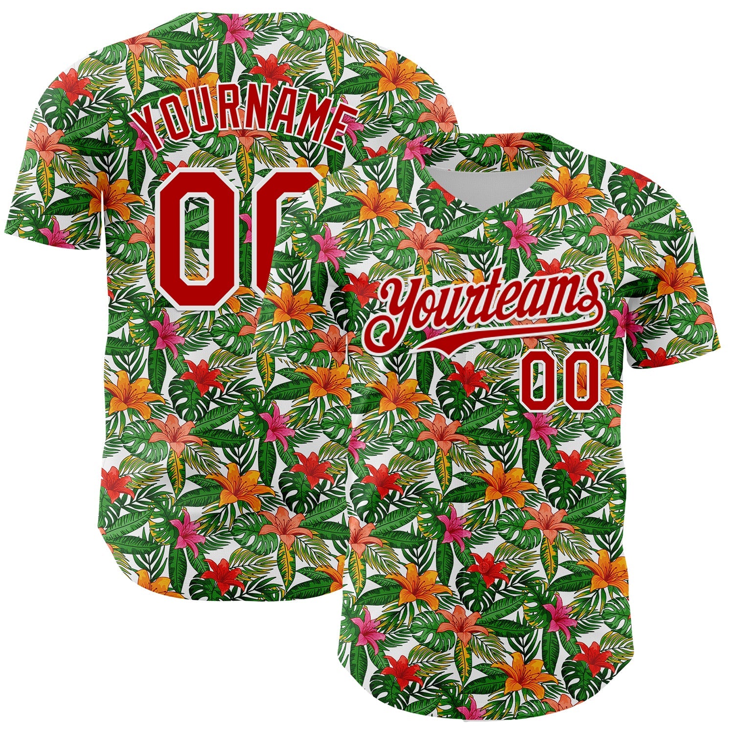Custom White Red 3D Pattern Design Tropical Flower Authentic Baseball Jersey - Main View