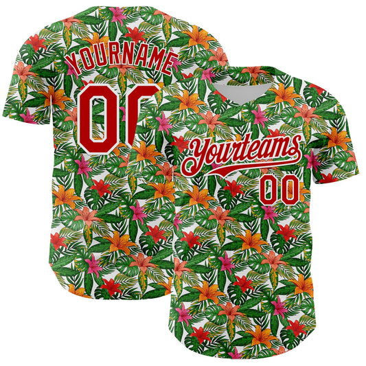 Custom White Red 3D Pattern Design Tropical Flower Authentic Baseball Jersey - Main View
