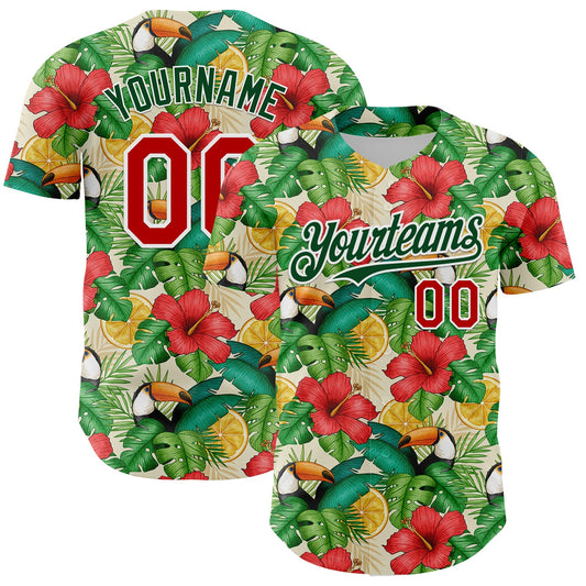 Custom White Red-Green 3D Pattern Design Tropical Plant And Bird Authentic Baseball Jersey - Main View