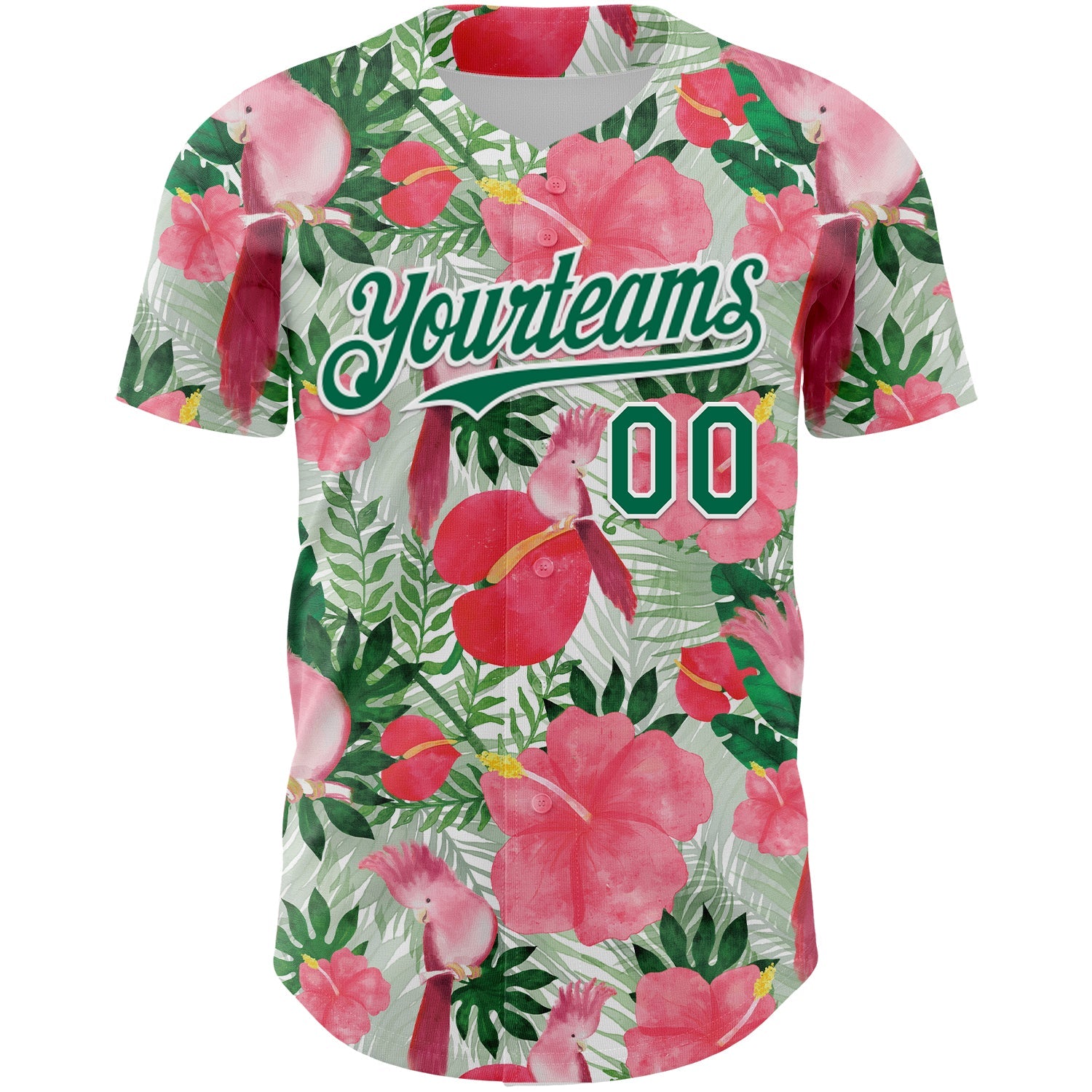 Custom White Kelly Green 3D Pattern Design Tropical Plant And Bird Authentic Baseball Jersey view 2