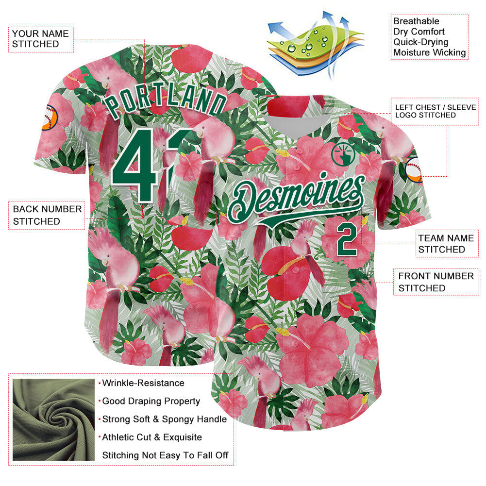 Custom White Kelly Green 3D Pattern Design Tropical Plant And Bird Authentic Baseball Jersey view 3