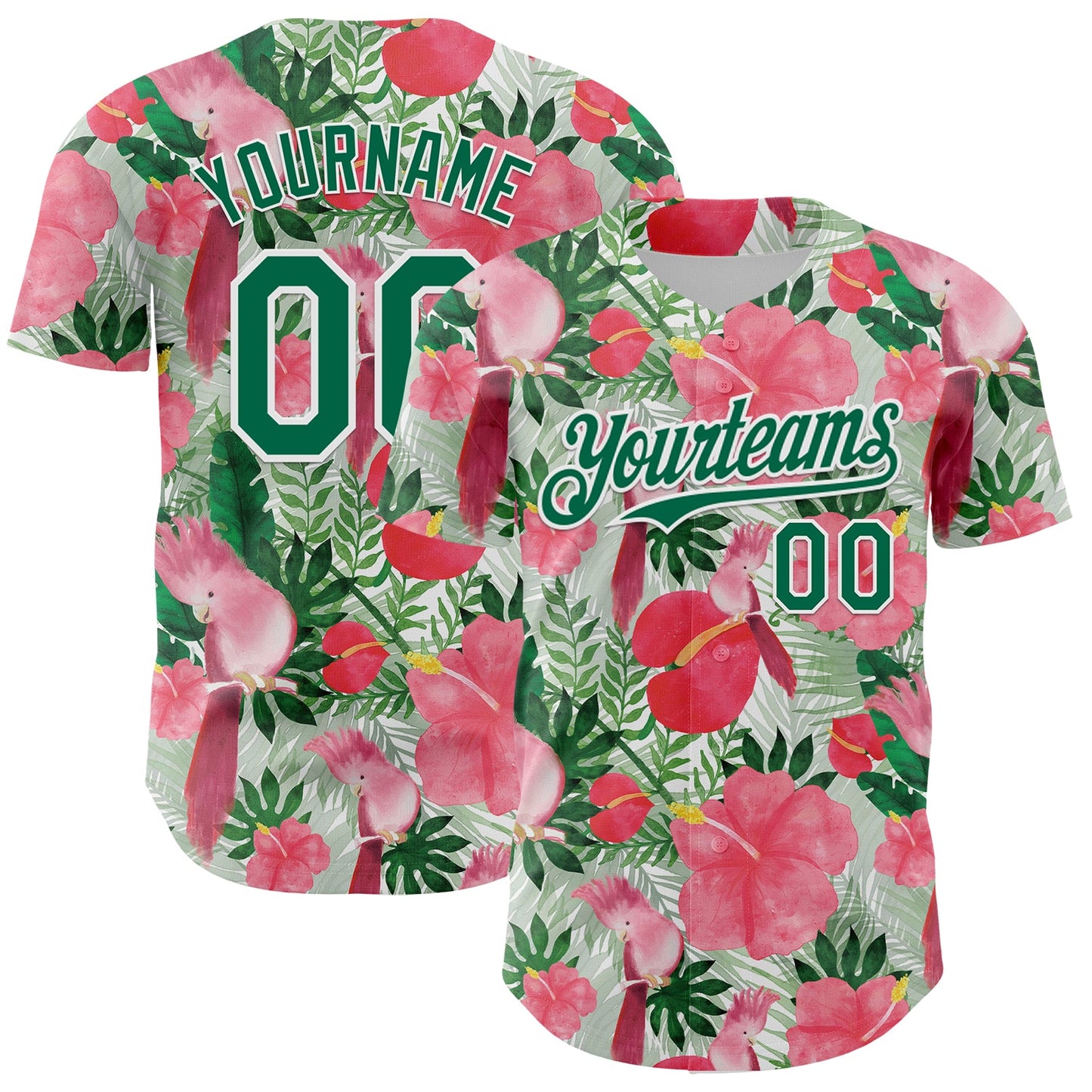 Custom White Kelly Green 3D Pattern Design Tropical Plant And Bird Authentic Baseball Jersey - Main View