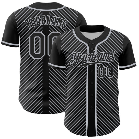 Custom Black Gray 3D Pattern Design Diagonal Stripes Authentic Baseball Jersey - Main View