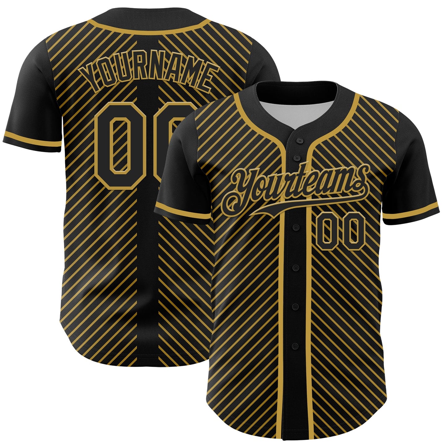 Custom Black Old Gold 3D Pattern Design Diagonal Stripes Authentic Baseball Jersey - Main View