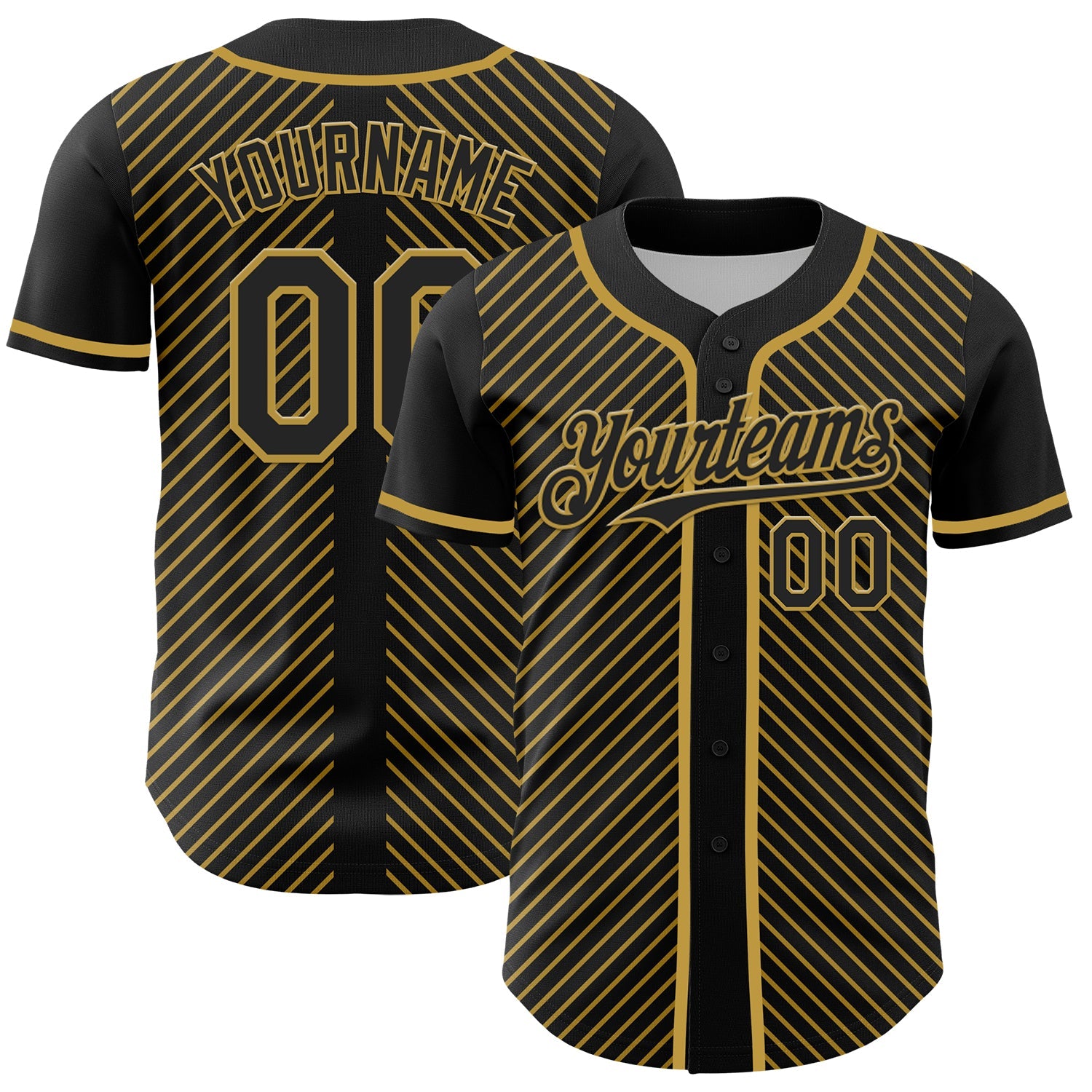 Custom Black Old Gold 3D Pattern Design Diagonal Stripes Authentic Baseball Jersey - Main View