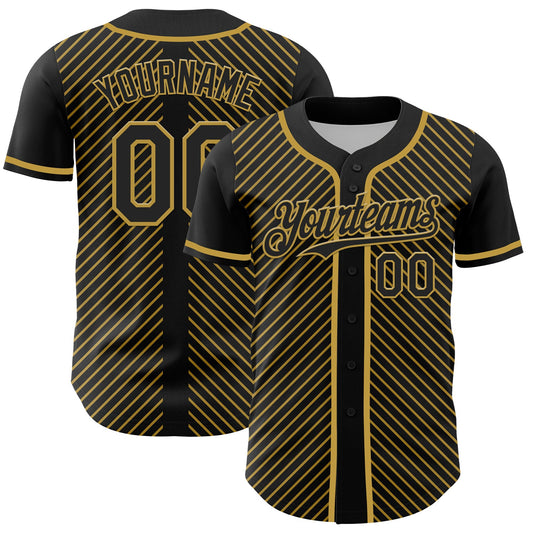 Custom Black Old Gold 3D Pattern Design Diagonal Stripes Authentic Baseball Jersey - Main View