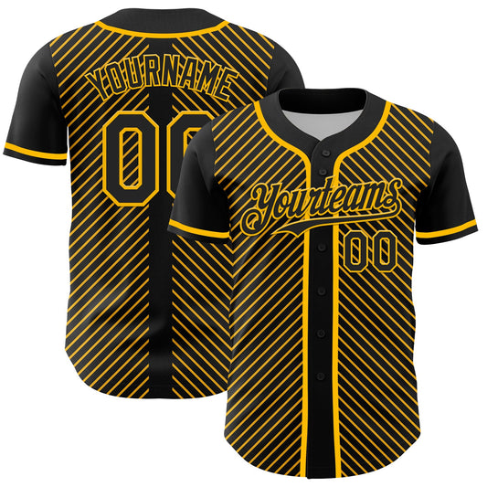 Custom Black Gold 3D Pattern Design Diagonal Stripes Authentic Baseball Jersey - Main View