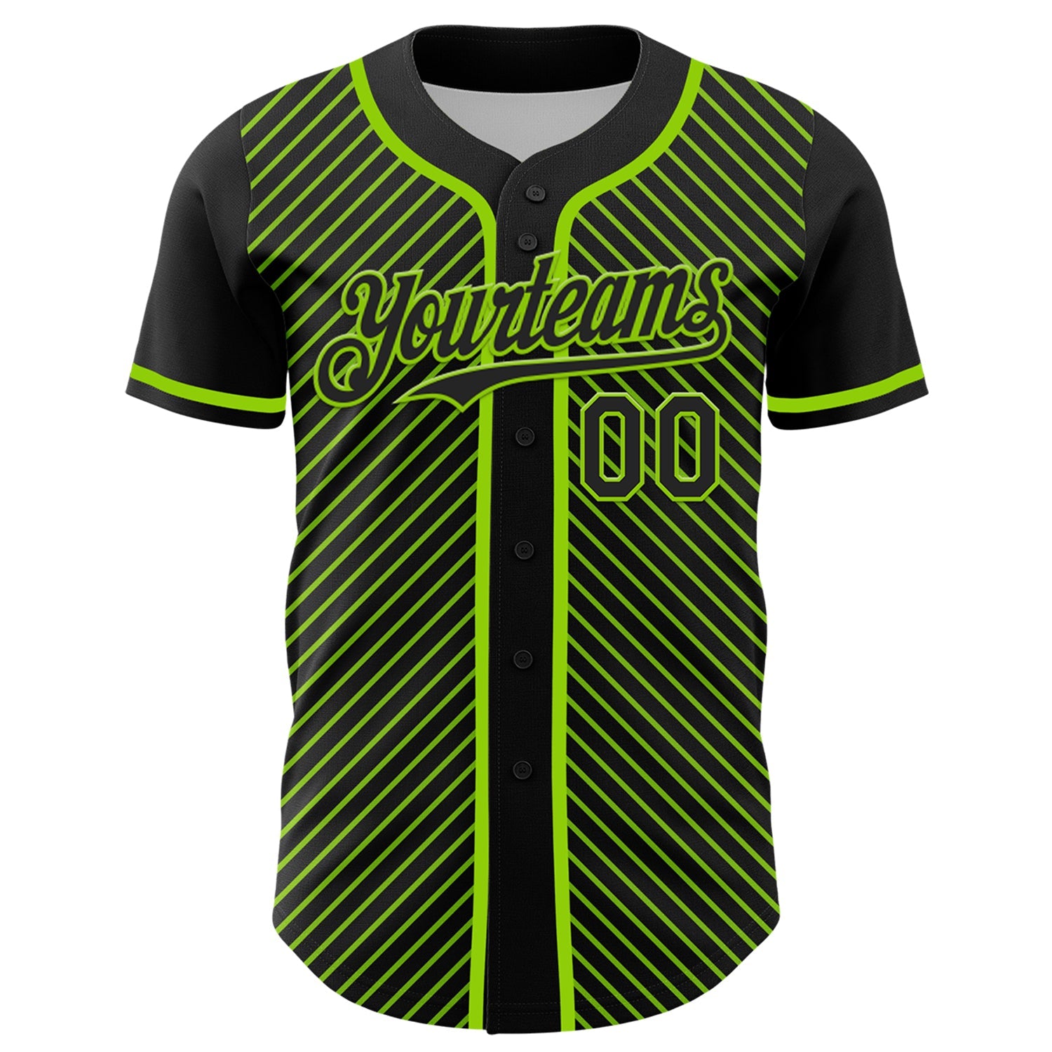 Custom Black Neon Green 3D Pattern Design Diagonal Stripes Authentic Baseball Jersey view 2