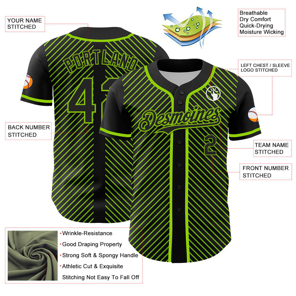 Custom Black Neon Green 3D Pattern Design Diagonal Stripes Authentic Baseball Jersey view 3