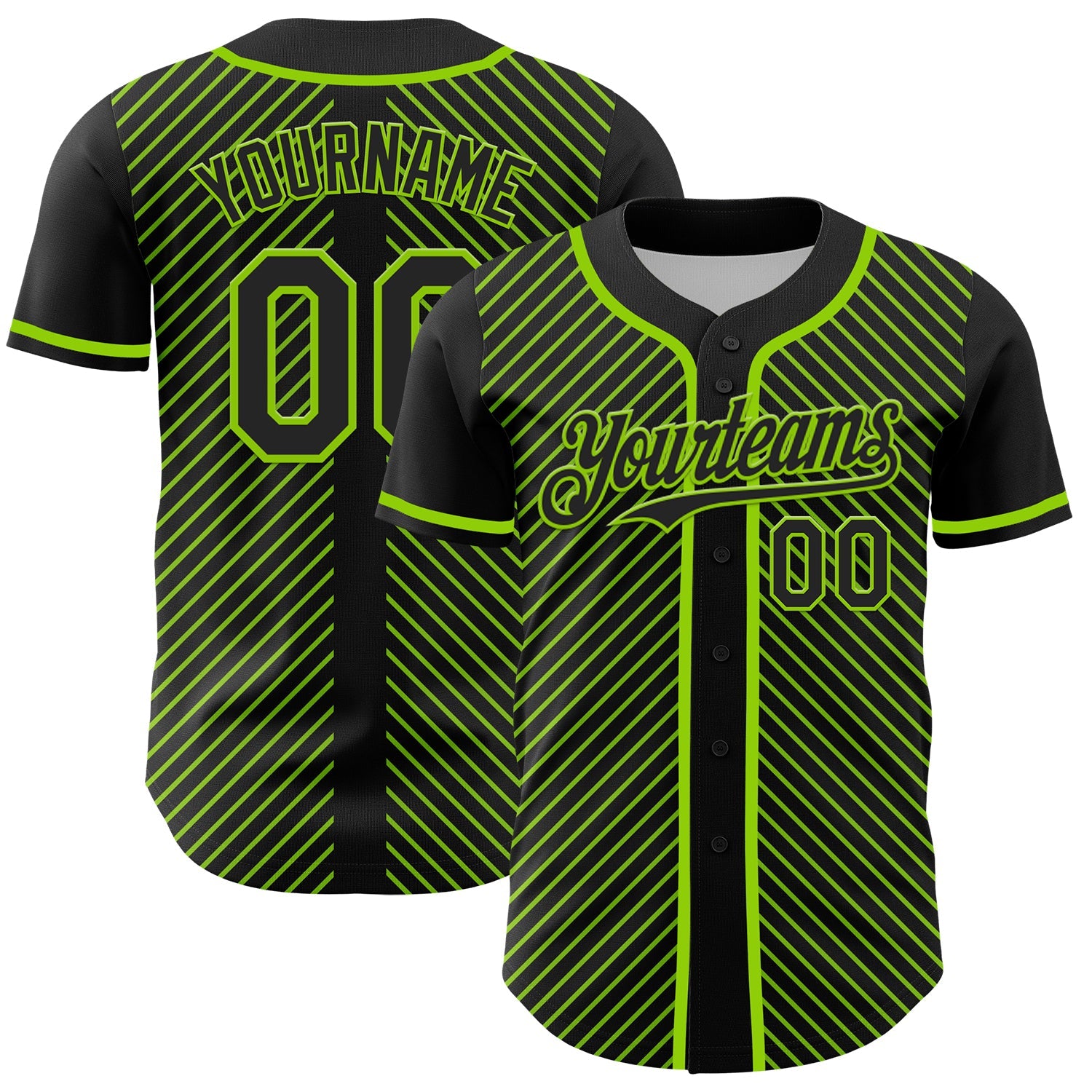 Custom Black Neon Green 3D Pattern Design Diagonal Stripes Authentic Baseball Jersey - Main View