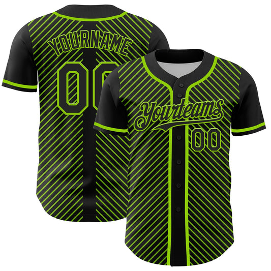Custom Black Neon Green 3D Pattern Design Diagonal Stripes Authentic Baseball Jersey - Main View