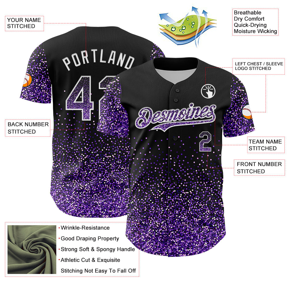 Custom Black Purple-White 3D Pattern Design Abstract Colorful Glittering Dot Authentic Baseball Jersey view 3