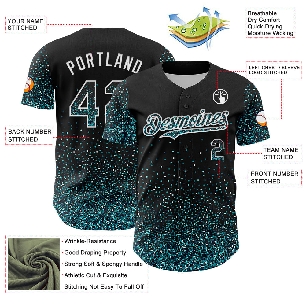 Custom Black Teal-White 3D Pattern Design Abstract Colorful Glittering Dot Authentic Baseball Jersey view 3