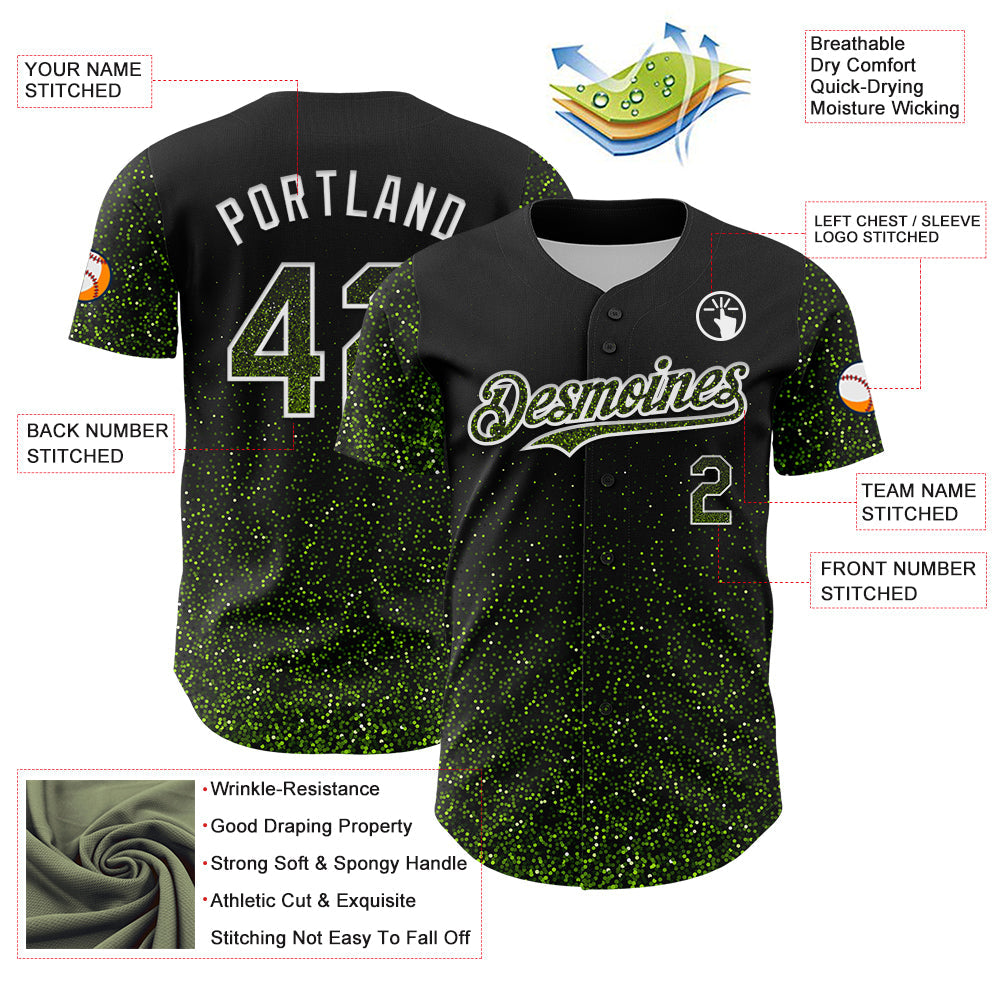 Custom Black Neon Green-White 3D Pattern Design Abstract Colorful Glittering Dot Authentic Baseball Jersey view 3