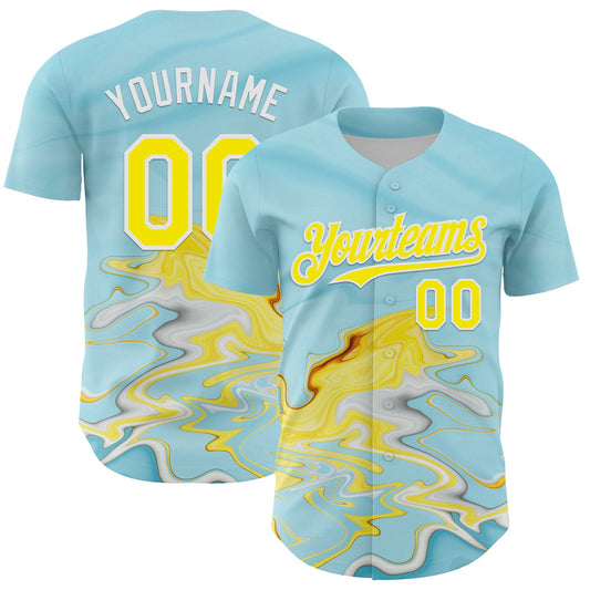 Custom Ice Blue Light Yellow-White 3D Pattern Design Abstract Liquid Fluid Art Authentic Baseball Jersey - Main View