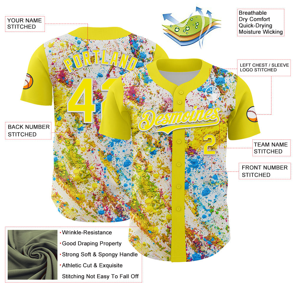 Custom Light Yellow White 3D Pattern Design Abstract Splatter Art Authentic Baseball Jersey view 3