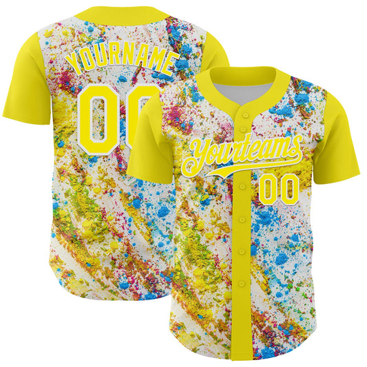 Custom Light Yellow White 3D Pattern Design Abstract Splatter Art Authentic Baseball Jersey - Main View