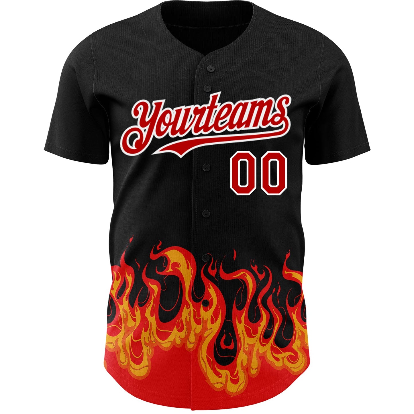 Custom Black Red-White 3D Pattern Design Flame Authentic Baseball Jersey view 2