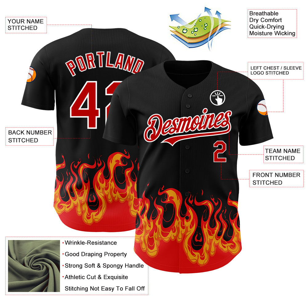 Custom Black Red-White 3D Pattern Design Flame Authentic Baseball Jersey view 3