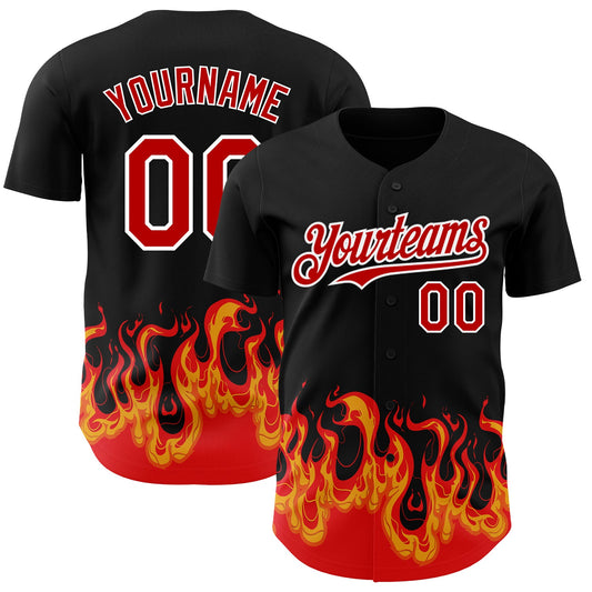 Custom Black Red-White 3D Pattern Design Flame Authentic Baseball Jersey - Main View