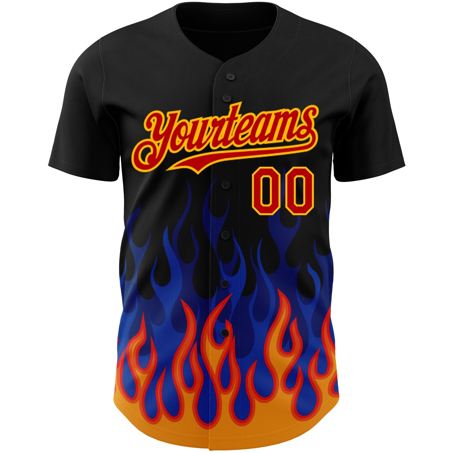 Custom Black Red-Gold 3D Pattern Design Flame Authentic Baseball Jersey view 2