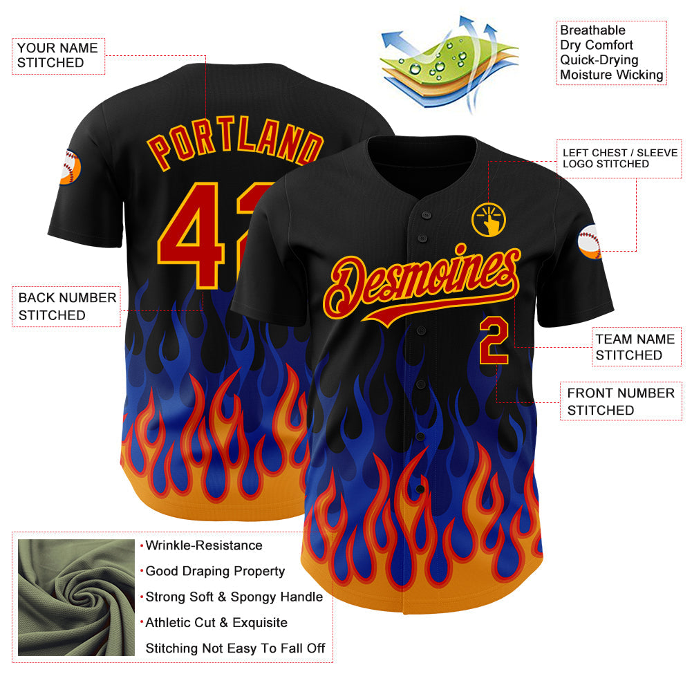 Custom Black Red-Gold 3D Pattern Design Flame Authentic Baseball Jersey view 3