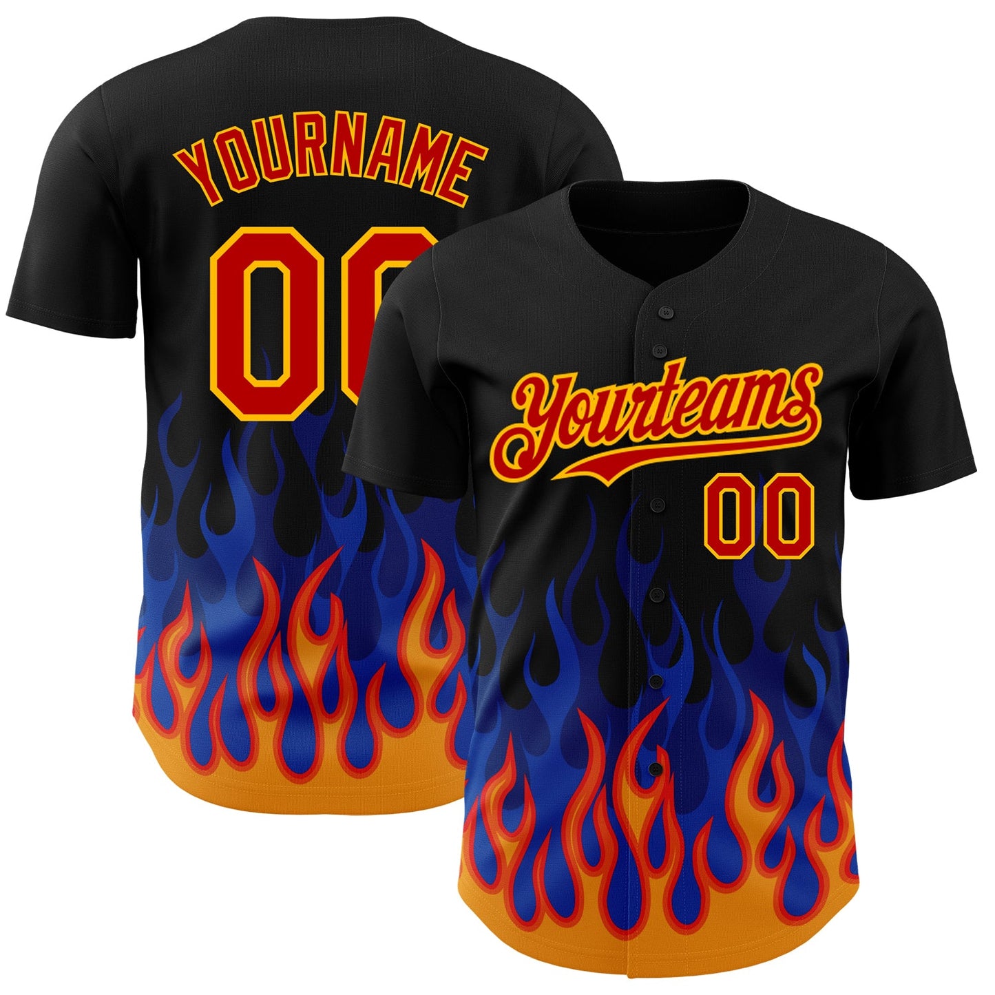 Custom Black Red-Gold 3D Pattern Design Flame Authentic Baseball Jersey - Main View