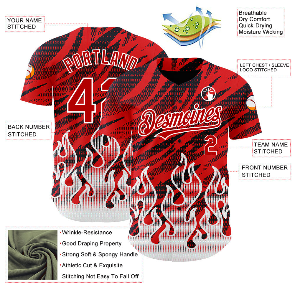 Custom Red Black-White 3D Pattern Design Flame Authentic Baseball Jersey view 3
