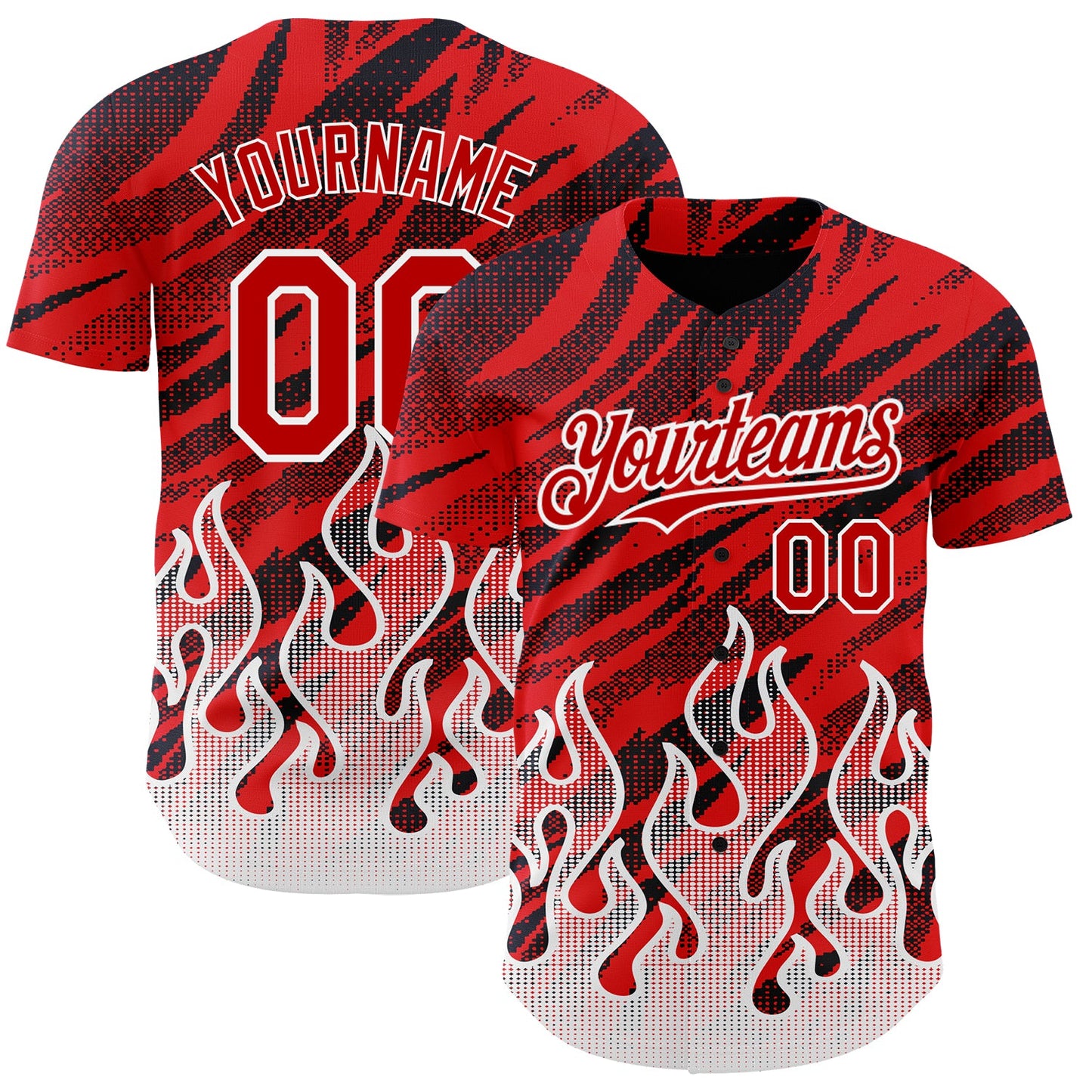 Custom Red Black-White 3D Pattern Design Flame Authentic Baseball Jersey - Main View
