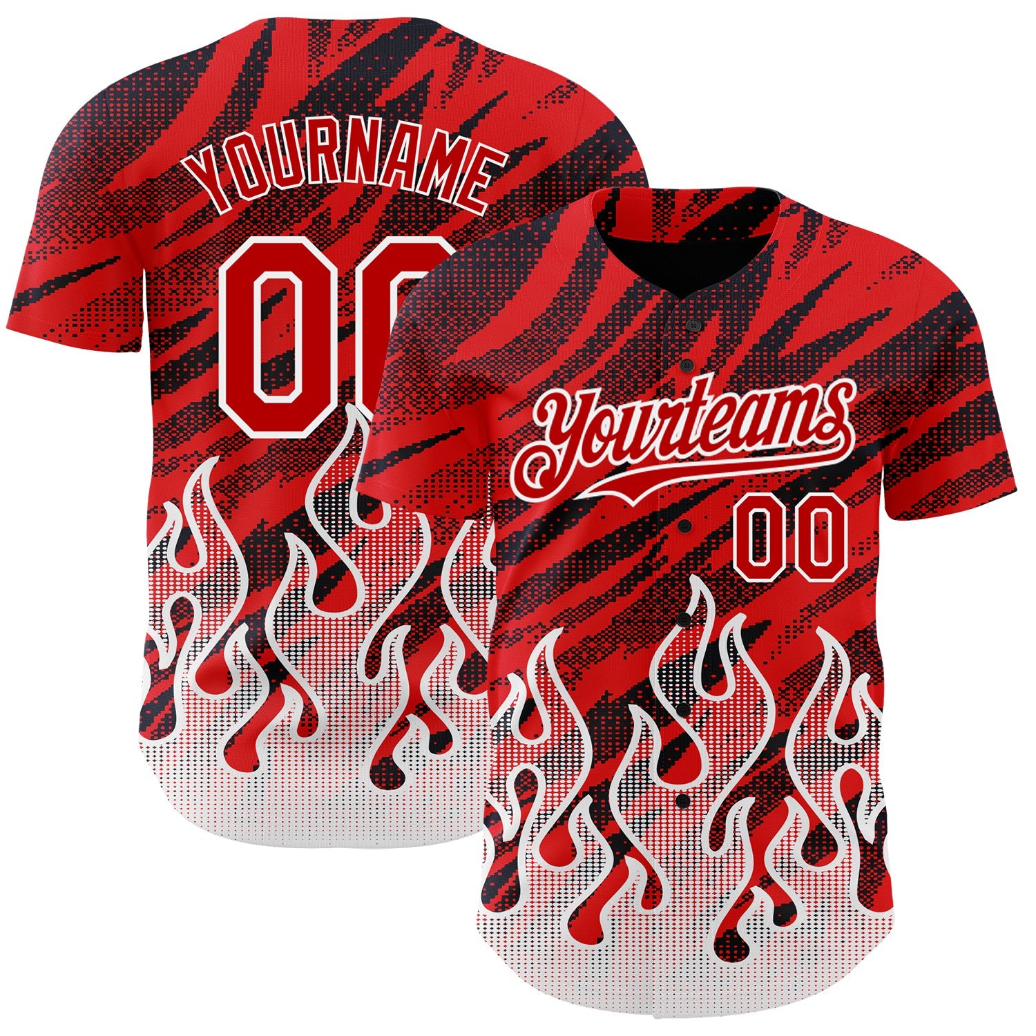 Custom Red Black-White 3D Pattern Design Flame Authentic Baseball Jersey - Main View