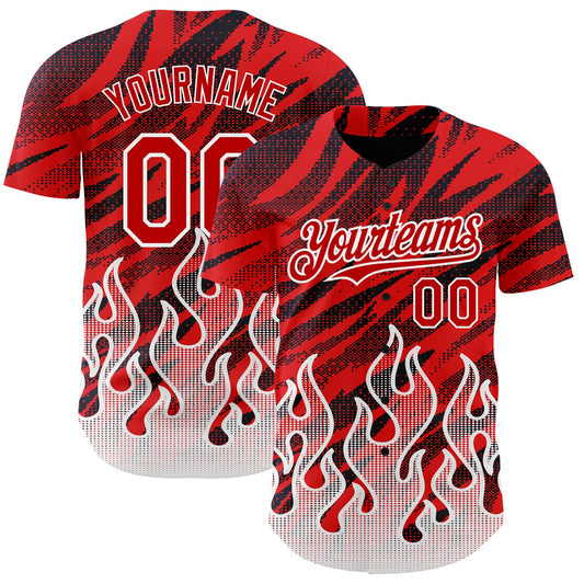 Custom Red Black-White 3D Pattern Design Flame Authentic Baseball Jersey - Main View