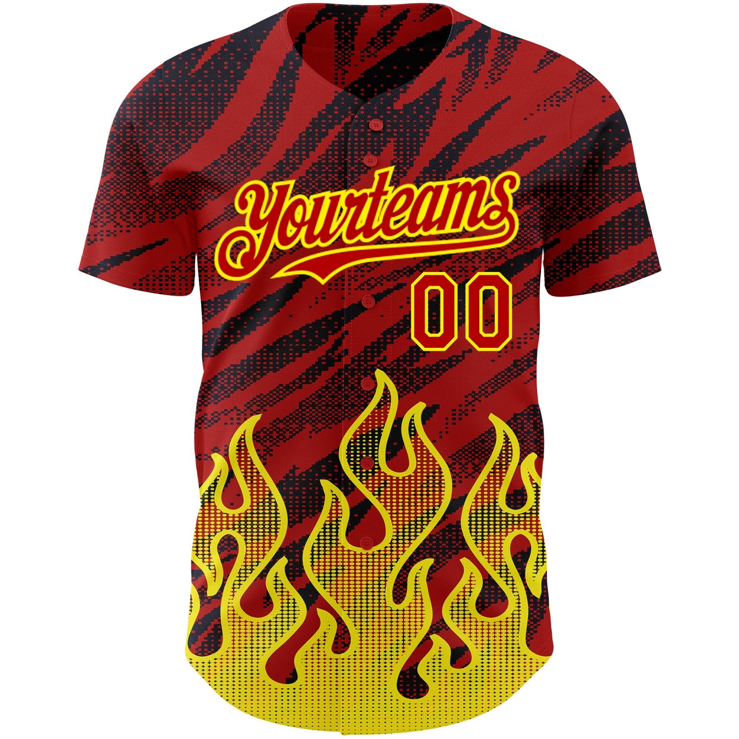 Custom Red Black-Light Yellow 3D Pattern Design Flame Authentic Baseball Jersey view 2