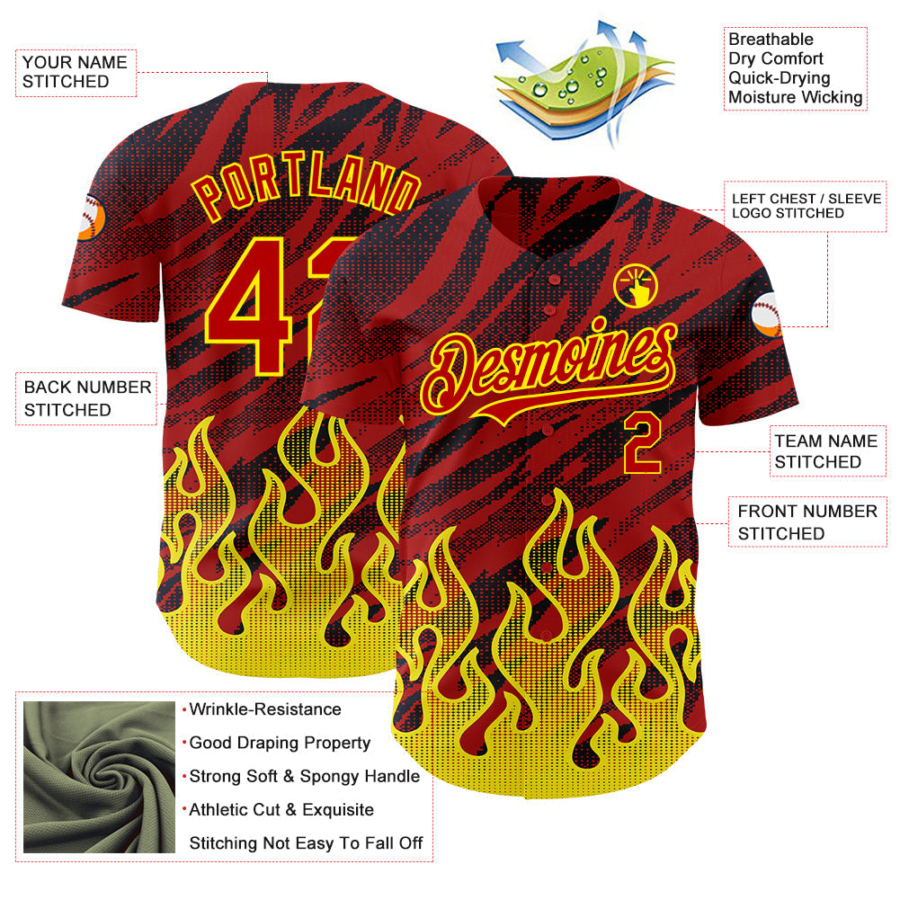 Custom Red Black-Light Yellow 3D Pattern Design Flame Authentic Baseball Jersey view 3