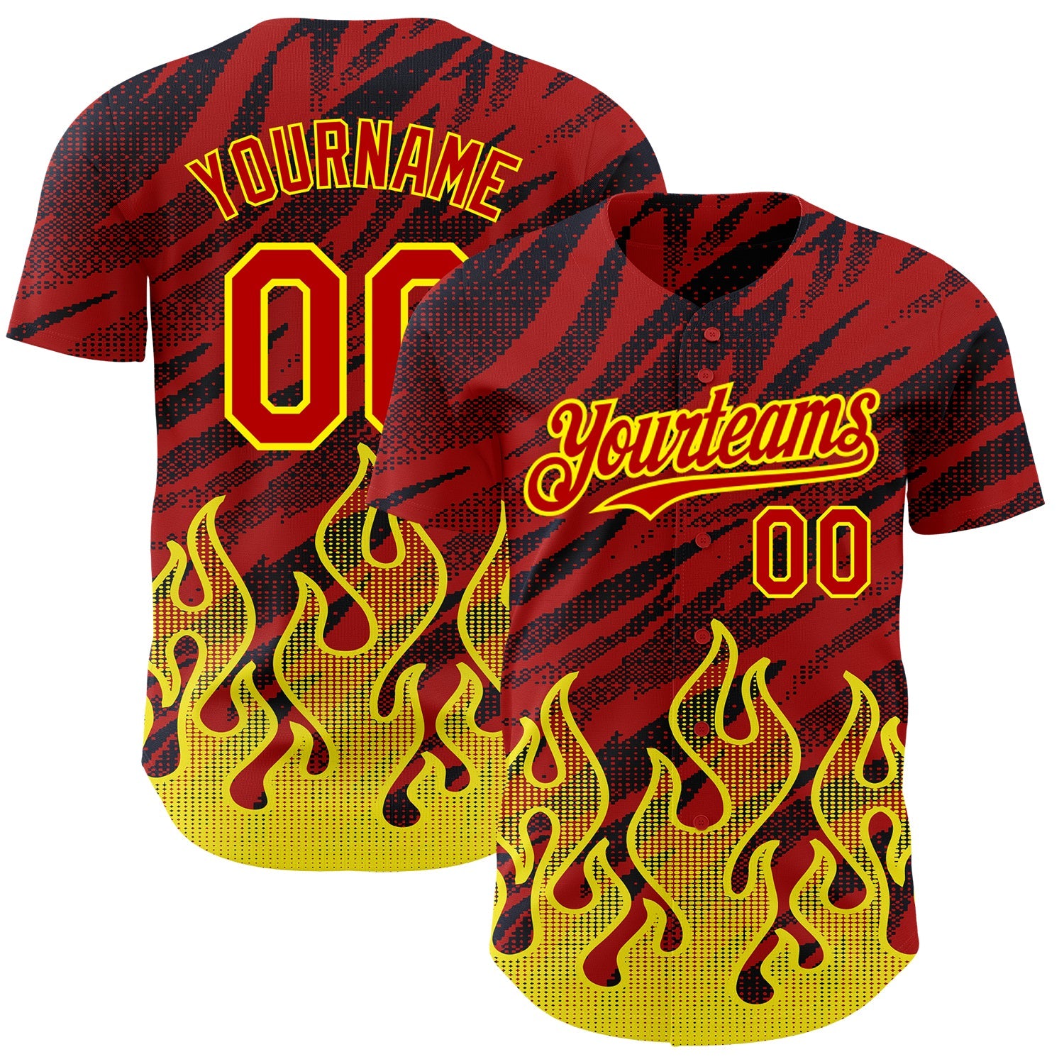 Custom Red Black-Light Yellow 3D Pattern Design Flame Authentic Baseball Jersey - Main View